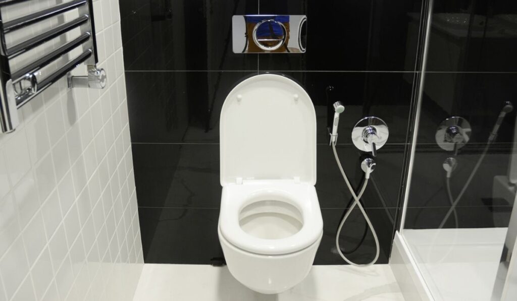 A modern black and white toilet, bathroom with a wall mounted toilet bowl