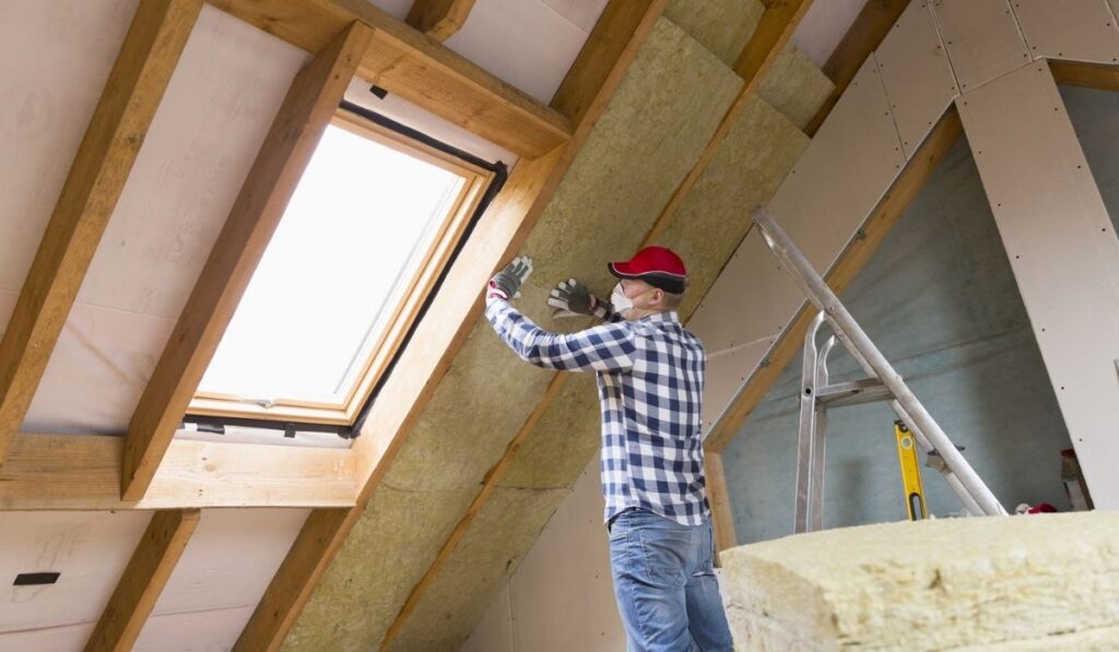 Man installing thermal roof insulation layer