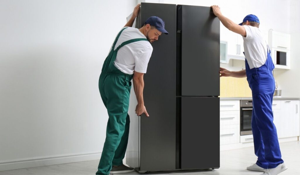 Professional workers carrying refrigerator in kitchen