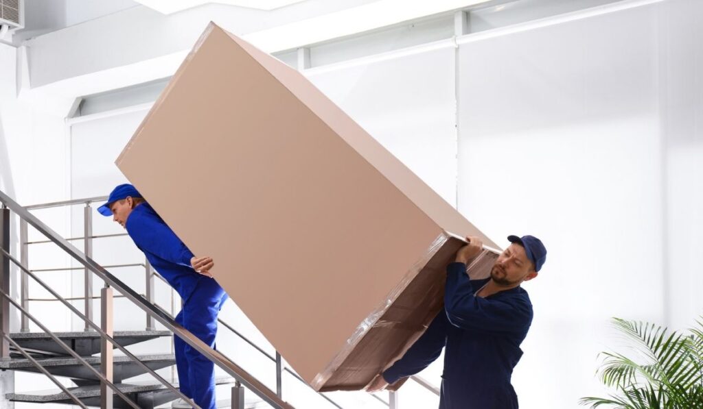 Professional workers carrying refrigerator on stairs