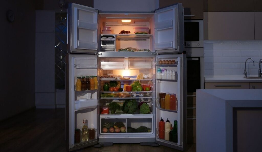 Open refrigerator filled with food in kitchen