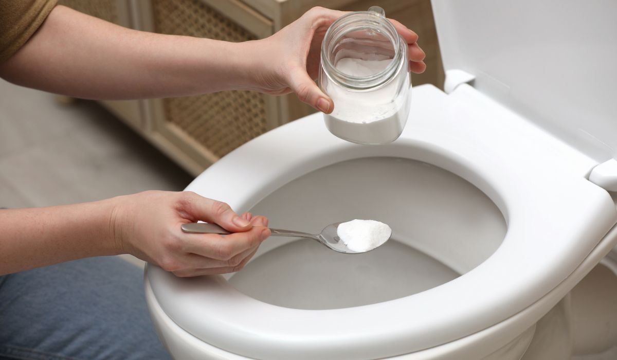 Woman cleaning toilet bowl with baking soda