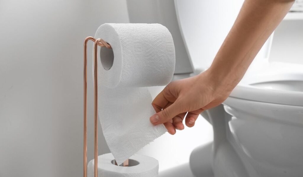 Woman taking toilet paper from roll holder in bathroom 