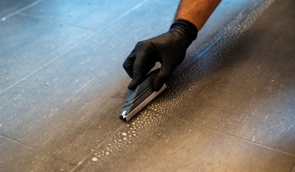 Professional cleaner cleaning grout with a brush blade and foamy soap on a gray tiled bathroom floor