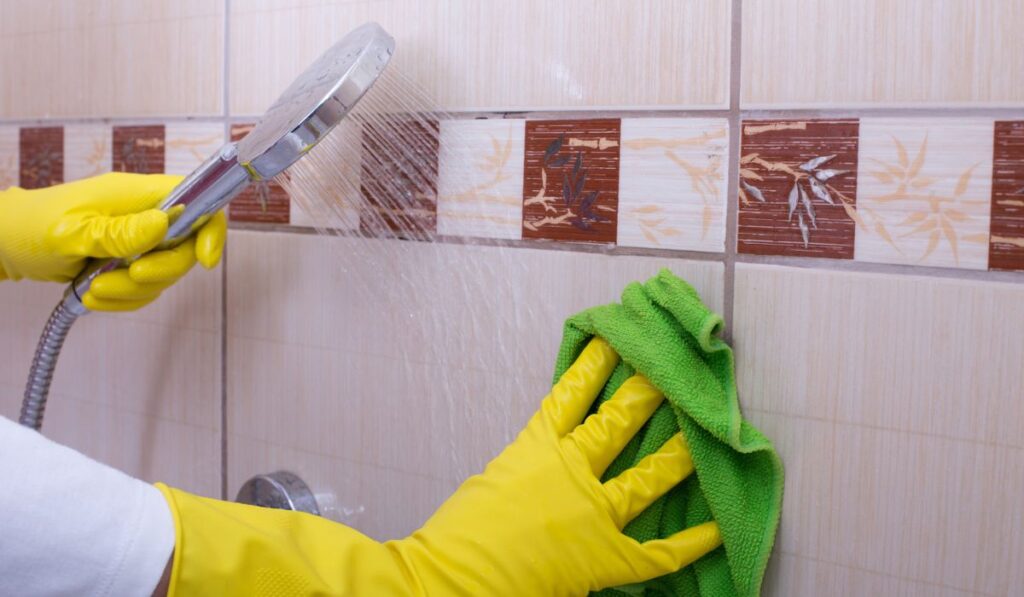 Woman cleaning tiles in bathroom