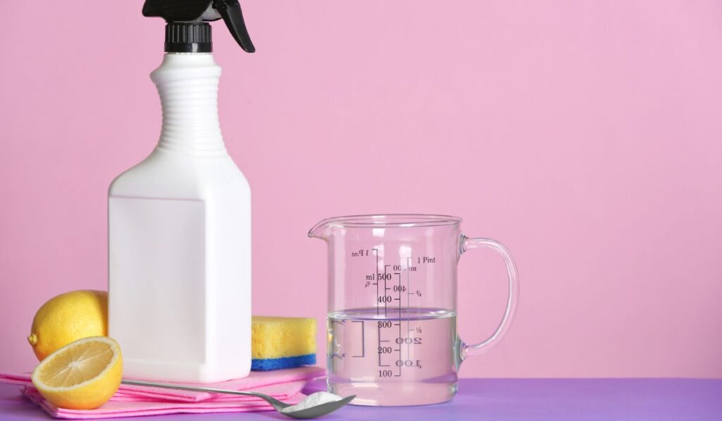 Composition with vinegar and cleaning supplies on table